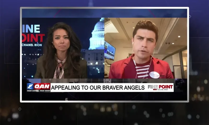Video still from Fine Point on One America News Network showing a split screen of the host on the left side, and on the right side is the guest, Luke Nathan Phillips.