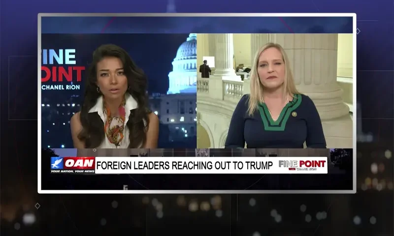 Video still from Fine Point on One America News Network showing a split screen of the host on the left side, and on the right side is the guest, Erin Houchin.