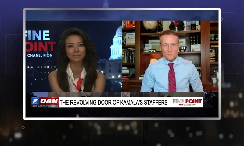 Video still from Fine Point on One America News Network showing a split screen of the host on the left side, and on the right side is the guest, Adam Andrzejewski.