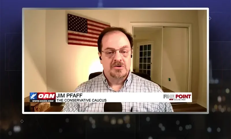 Video still from Fine Point on One America News Network during an interview with the guest, Jim Pfaff.