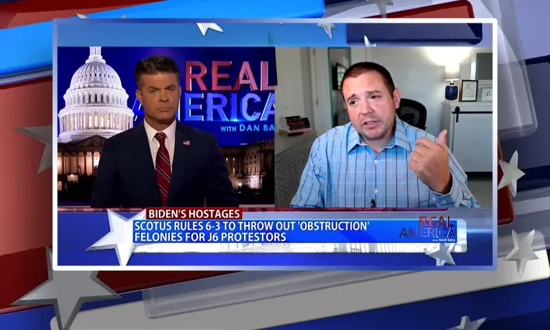 Video still from Real America on One America News Network showing a split screen of the host on the left side, and on the right side is the guest, Tim Hale.