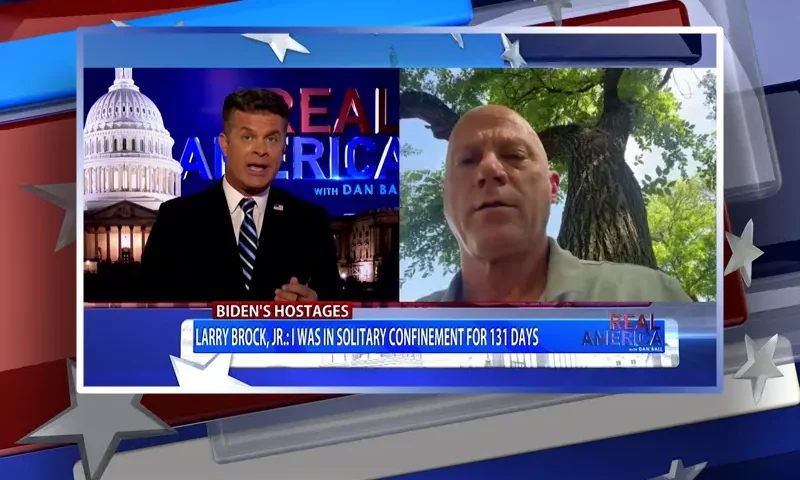 Video still from Real America on One America News Network showing a split screen of the host on the left side, and on the right side is the guest, Larry Brock Jr..