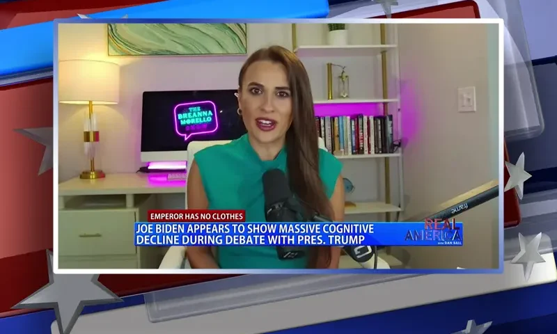 Video still from Real America on One America News Network during an interview with the guest, Breanna Morello.