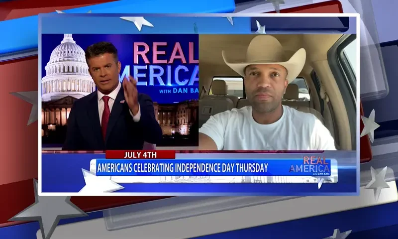 Video still from Real America on One America News Network showing a split screen of the host on the left side, and on the right side is the guest, Coffey Anderson.