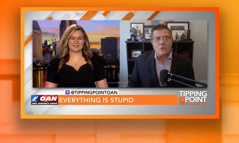 Video still from Tipping Point on One America News Network showing a split screen of the host on the left side, and on the right side is the guest, Jim Nelles.