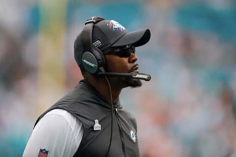 Former Miami Dolphins head coach Brian Flores looks on from the field during the game against the Atlanta Falcons at Hard Rock Stadium. Mandatory Credit: Sam Navarro-USA TODAY Sports/File Photo