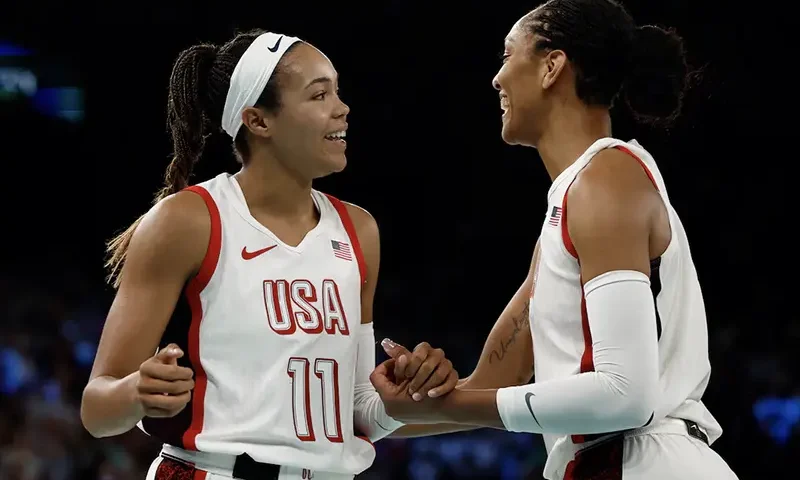 Napheesa Collier of United States and A'Ja Wilson of United States during the match. REUTERS/Evelyn Hockstein