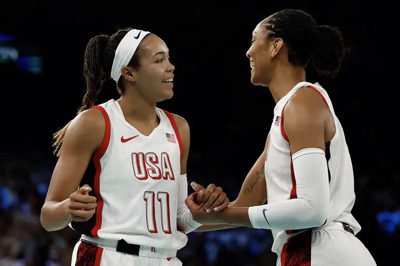 Napheesa Collier of United States and A'Ja Wilson of United States during the match. REUTERS/Evelyn Hockstein