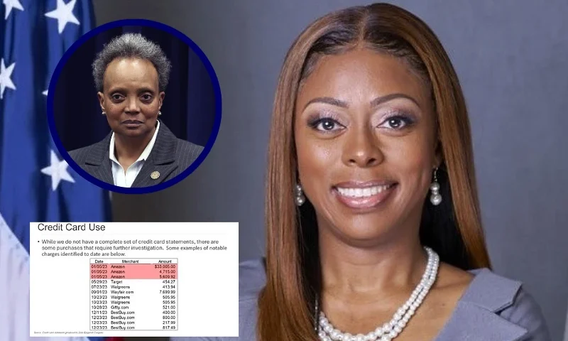 (L-Top) CHICAGO, ILLINOIS - FEBRUARY 01: Chicago Mayor Lori Lightfoot speaks to the media following a city council meeting on February 01, 2023 in Chicago, Illinois. Lightfoot is currently running for reelection against 8 other candidates. (Photo by Scott Olson/Getty Images) / (L-Bottom) Lori Lightfoot's investigation presentation revealing the spending habits of Dolton Mayor Tiffany Henyard. (photo via: Illinois Attorney General’s office) / (R) Village of Dolton
