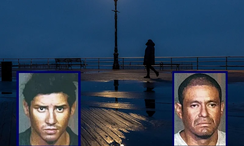 (Left and right mugshots)- Photo via: New York Police Department. (Center)- NEW YORK, NEW YORK - MARCH 05: People walk through the rain along the Coney Island boardwalk on March 05, 2024 in New York City. After experiencing an unseasonably warm and dry day on Sunday, New York City is expected to see multiple days of rain this week with moderate flooding forecasted for Wednesday. (Photo by Spencer Platt/Getty Images)