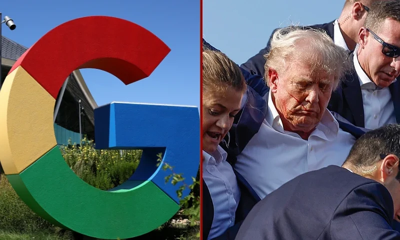 (L) MOUNTAIN VIEW, CALIFORNIA - AUGUST 13: The Google logo is displayed in front of company headquarters during the Made By Google event on August 13, 2024 in Mountain View, California. Google announced new Pixel phones, watches and AI features at the event. (Photo by Justin Sullivan/Getty Images) / (R) BUTLER, PENNSYLVANIA - JULY 13: Republican presidential candidate former President Donald Trump is rushed offstage by U.S. Secret Service agents after being grazed by a bullet during a rally on July 13, 2024 in Butler, Pennsylvania. Butler County district attorney Richard Goldinger said the shooter is dead after injuring former U.S. President Donald Trump, killing one audience member and injuring another in the shooting. (Photo by Anna Moneymaker/Getty Images)