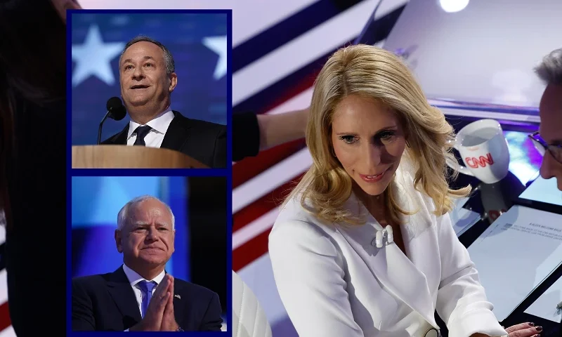(L-Top) CHICAGO, ILLINOIS - AUGUST 20: Second gentleman Doug Emhoff speaks on stage during the second day of the Democratic National Convention at the United Center on August 20, 2024 in Chicago, Illinois. Delegates, politicians, and Democratic Party supporters are gathering in Chicago, as current Vice President Kamala Harris is named her party's presidential nominee. The DNC takes place from August 19-22. (Photo by Justin Sullivan/Getty Images) / (L-Bottom) CHICAGO, ILLINOIS - AUGUST 21: Democratic vice presidential nominee Minnesota Gov. Tim Walz reacts after accepting the vice presidential nomination during the third day of the Democratic National Convention at the United Center on August 21, 2024 in Chicago, Illinois. Delegates, politicians, and Democratic Party supporters are in Chicago for the convention, concluding with current Vice President Kamala Harris accepting her party's presidential nomination. The DNC takes place from August 19-22. (Photo by Justin Sullivan/Getty Images) / (R) DES MOINES, IOWA - JANUARY 10: Moderators and CNN hosts Jake Tapper and Dana Bash during a commercial break of the CNN Republican Presidential Primary Debate in Sheslow Auditorium at Drake University on January 10, 2024 in Des Moines, Iowa. Republican presidential candidates Florida Gov. Ron DeSantis and former U.N. Ambassador Nikki Haley both qualified for this final debate before the Iowa caucuses, while former President Donald Trump declined to participate and instead held a simultaneous town hall event live on FOX News. (Photo by Chip Somodevilla/Getty Images)