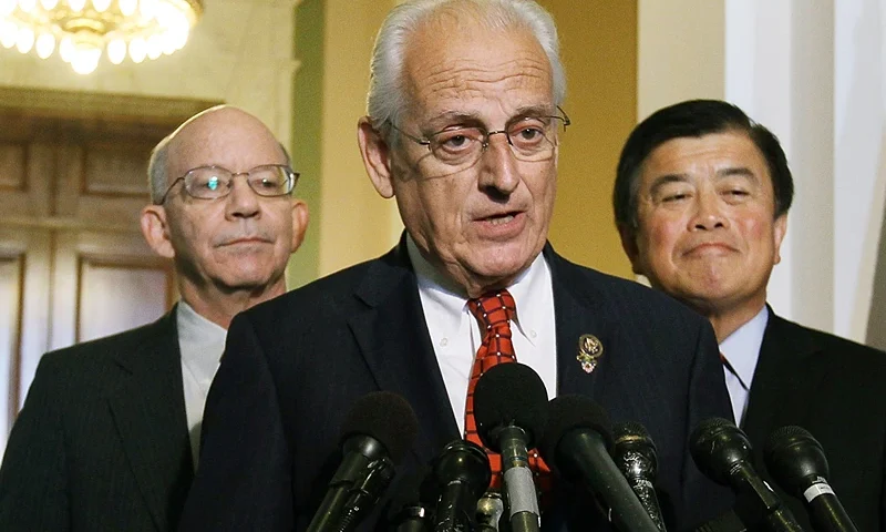 Bill Pascrell (D-NJ)(2nd-R) speaks while flanked by Rep. Marcy Kaptur (D-OH)(L), Rep. Peter DeFazio (D-OR) (2nd-L) and Rep. David Wu (D-OR) (R) during a break in closed door house leadership elections for the upcoming 112th Congress, November 17, 2010 in Washington, DC. . House Democrats have decided to leave their leadership unchanged after loosing over 60 seats in the mid-term elections the giving control of the house to the Republicans. (Photo by Mark Wilson/Getty Images)