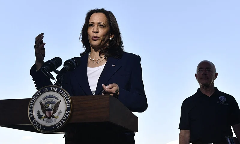 Secretary Of Homeland Security Alejandro Mayorkas (2nd-R) and Senator Dick Durbin (D-IL)(R) listen as US Vice President Kamala Harris speaks during a press conference at El Paso International Airport, on June 25, 2021 in El Paso, Texas. - Vice President Kamala Harris on Friday, visited a Customs and Border Protection processing facility, and met with advocates and NGOs. (Photo by Patrick T. FALLON / AFP) (Photo by PATRICK T. FALLON/AFP via Getty Images)