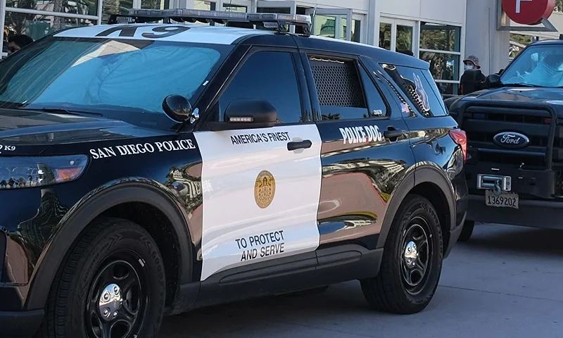 Police cars are parked in front of the convention center during Comic Con Special Edition in San Diego, California, November 27, 2021. (Photo by Chris Delmas / AFP) (Photo by CHRIS DELMAS/AFP via Getty Images)