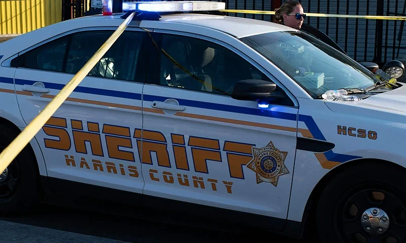 A Houston police officer moves their vehicle from outside a crime scene after two people were killed and three more critically injured in a shooting at a flea market in Houston, Texas on May 15, 2022. - Two people were killed and three more were taken to a hospital with injuries after a shooting May 15, 2022 at a bustling Houston flea market, authorities said. The shooting at the open-air market arose from an "altercation" that involved at least two guns and all five of the people, according to Harris County Sheriff Ed Gonzalez. He said no "innocent bystanders" were injured. (Photo by Mark Felix / AFP) (Photo by MARK FELIX/AFP /AFP via Getty Images)