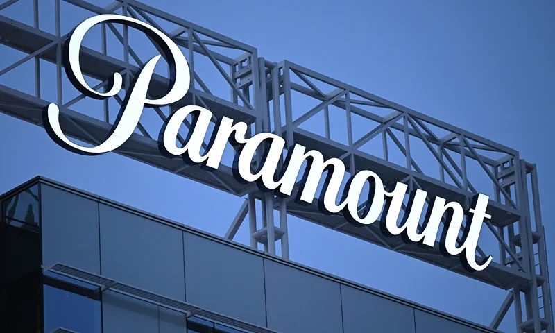 The Paramount logo is displayed at Columbia Square along Sunset Blvd in Hollywood, California on March 9, 2023. (Photo by Patrick T. Fallon / AFP) (Photo by PATRICK T. FALLON/AFP via Getty Images)