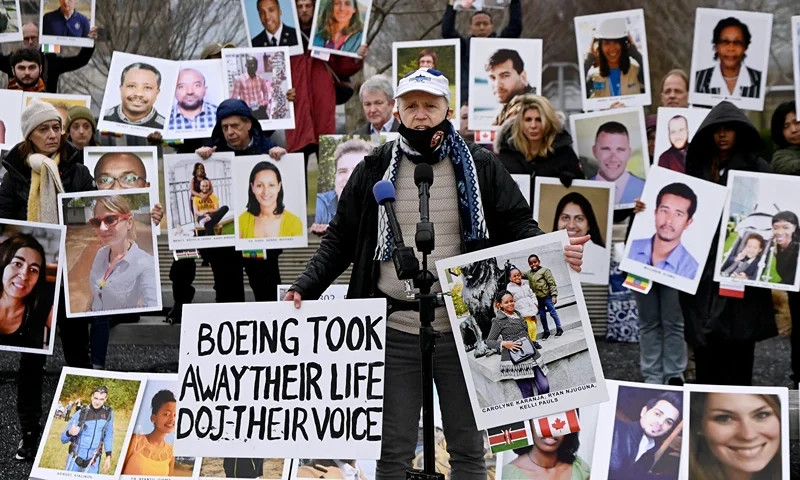 Chris Moore from Toronto, whose daughter Danielle Moore died in the Boeing 737 MAX crash in Ethiopia on March 10, 2019, speaks during a memorial protest in front of Boeing offices in Arlington, Virginia, on March 10, 2023 to mark the four-year anniversary of the event. (Photo by OLIVIER DOULIERY / AFP) (Photo by OLIVIER DOULIERY/AFP via Getty Images)