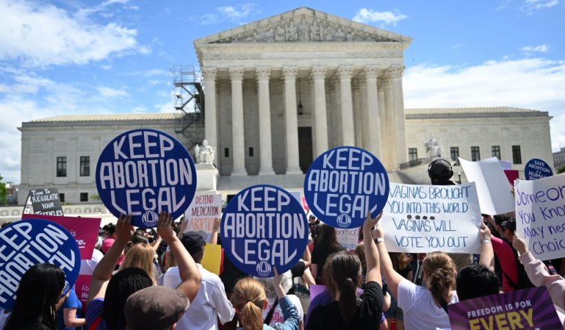 Demonstrators rally in support of abortion rights at the US Supreme Court in Washington, DC, April 15, 2023. - The Court on April 14 temporarily preserved access to mifepristone, a widely used abortion pill, in an 11th-hour ruling preventing lower court restrictions on the drug from coming into force. (Photo by Andrew Caballero-Reynolds / AFP) (Photo by ANDREW CABALLERO-REYNOLDS/AFP via Getty Images)