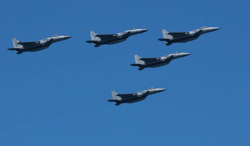 Israeli Air Force F-15 Eagle fighter jets flyover a beach during an airshow in Tel Aviv on April 26, 2023, to mark the 75th anniversary of the State of Israel's creation. (Photo by Jack GUEZ / AFP) (Photo by JACK GUEZ/AFP via Getty Images)