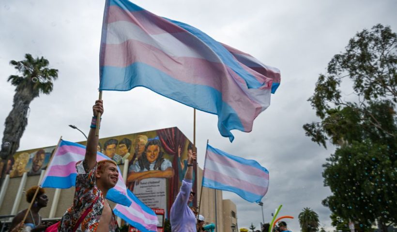 People wave a Transgender Pride flag as they attend the 2023 LA Pride Parade on June 11, 2023 in Hollywood, California. The LA Pride Parade marks the last day of the three-day Los Angeles celebration of lesbian, gay, bisexual, transgender, and queer (LGBTQ) social and self-acceptance, achievements, legal rights, and pride. (Photo by Robyn Beck / AFP) (Photo by ROBYN BECK/AFP via Getty Images)