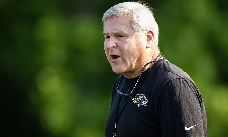 OWINGS MILLS, MD - JULY 28: Offensive line coach Joe D"u2019Alessandris instructs players during training camp at Under Armour Performance Center Baltimore Ravens on July 28, 2021 in Owings Mills, Maryland. (Photo by Scott Taetsch/Getty Images)
