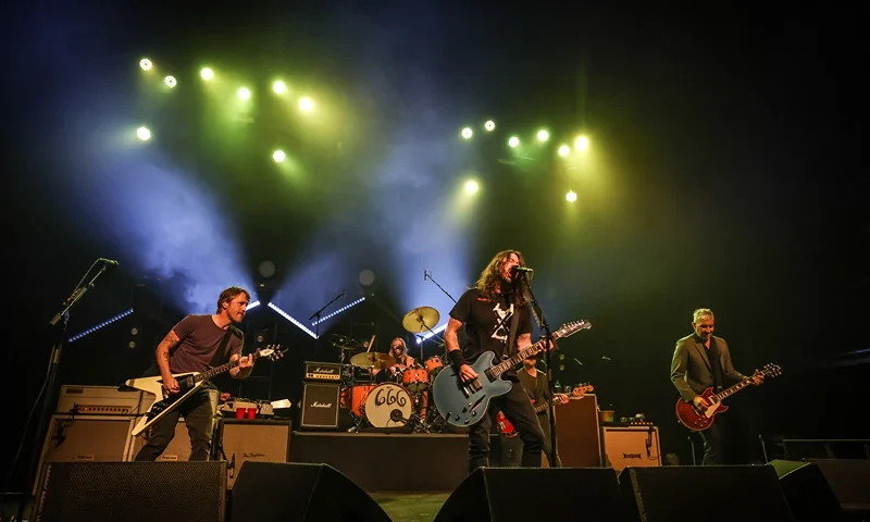  Chris Shiflett, Taylor Hawkins, Dave Grohl, Nate Mendel and Pat Smear of Foo Fighters performs onstage at the after party for the Los Angeles premiere of "Studio 666" at the Fonda Theatre on February 16, 2022 in Hollywood, California. (Photo by Rich Fury/Getty Images)