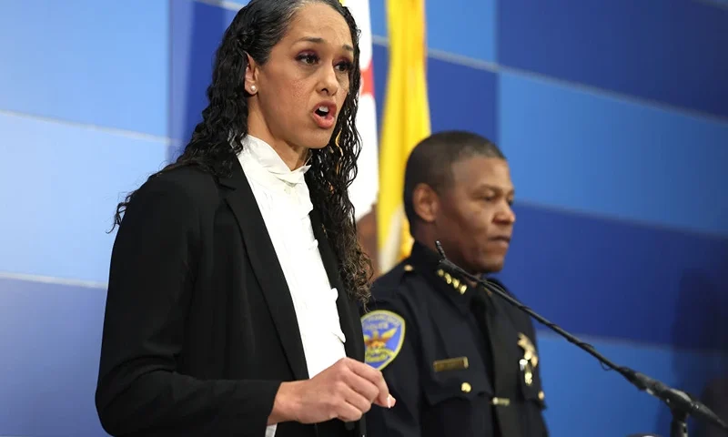 SAN FRANCISCO, CALIFORNIA - APRIL 13: San Francisco district attorney Brooke Jenkins (L) speaks as San Francisco police chief William Scott (L) looks on during a press conference at San Francisco Police headquarters on April 13, 2023 in San Francisco, California. San Francisco police arrested 38 year-old tech tech entrepreneur Nima Momeni at his home in Emeryville, California in connection with the stabbing murder of Cash App founder Bob Lee. Momeni was taken into custody without incident. (Photo by Justin Sullivan/Getty Images)