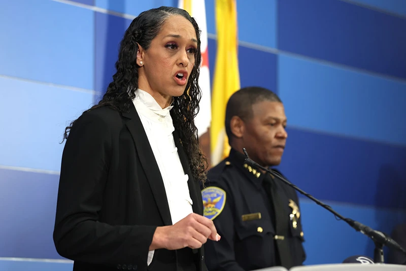 SAN FRANCISCO, CALIFORNIA - APRIL 13: San Francisco district attorney Brooke Jenkins (L) speaks as San Francisco police chief William Scott (L) looks on during a press conference at San Francisco Police headquarters on April 13, 2023 in San Francisco, California. San Francisco police arrested 38 year-old tech tech entrepreneur Nima Momeni at his home in Emeryville, California in connection with the stabbing murder of Cash App founder Bob Lee. Momeni was taken into custody without incident. (Photo by Justin Sullivan/Getty Images)