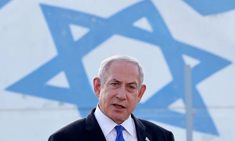 TOPSHOT - Israel's Prime Minister Benjamin Netanyahu delivers a speech during his visit to an Israeli unmanned aerial vehicle (UAV) centre, at the Palmachim Airbase near the city of Rishon LeZion on July 5, 2023. (Photo by JACK GUEZ / AFP) (Photo by JACK GUEZ/AFP via Getty Images)