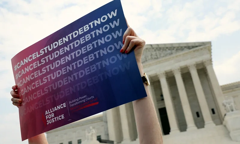 A Student debt relief activist participates in a student debt rally at the U.S. Supreme Court on June 30, 2023 in Washington, DC. In a 6-3 decision the Supreme Court stuck down the Biden administration’s student debt forgiveness program in Biden v. Nebraska. (Photo by Kevin Dietsch/Getty Images)
