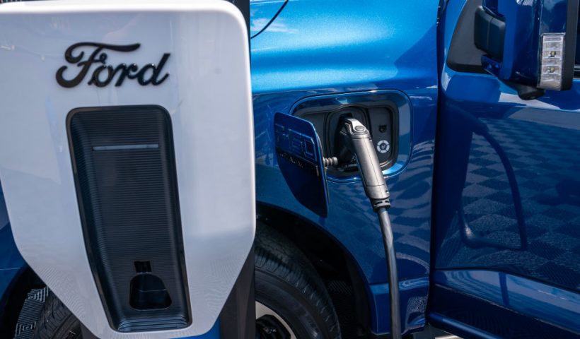 WASHINGTON, DC - JULY 23: An electric Ford truck is displayed during the Electrify Expo In D.C. on July 23, 2023 in Washington, DC. The expo highlighted new and soon-to-be-released electric cars, bikes and other technology. (Photo by Nathan Howard/Getty Images)