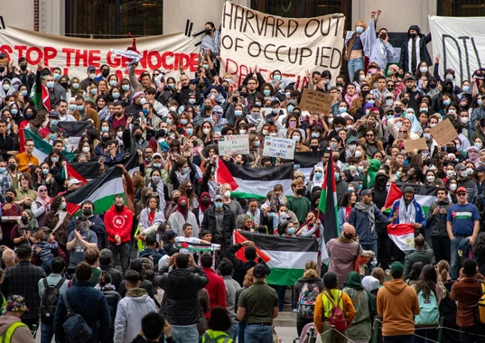 Supporters of Palestine gather at Harvard University to show their support for Palestinians in Gaza at a rally in Cambridge, Massachusetts, on October 14, 2023. Thousands of Palestinians sought refuge on October 14 after Israel warned them to evacuate the northern Gaza Strip before an expected ground offensive against Hamas, one week on from the deadliest attack in Israeli history. (Photo by Joseph Prezioso / AFP) (Photo by JOSEPH PREZIOSO/AFP via Getty Images)