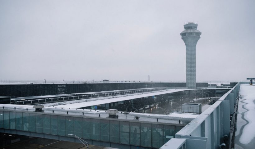 CHICAGO, ILLINOIS - JANUARY 12: Snow and rain fall on O'Hare Airport on January 12, 2024 in Chicago, Illinois. Over 1,900 flights have been canceled nationwide due to a large winter storm bringing blizzard conditions. (Photo by Jim Vondruska/Getty Images)