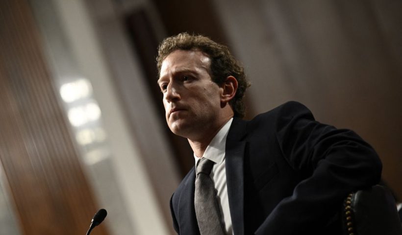 TOPSHOT - Mark Zuckerberg, CEO of Meta, testifies during the US Senate Judiciary Committee hearing "Big Tech and the Online Child Sexual Exploitation Crisis" in Washington, DC, on January 31, 2024. (Photo by Brendan SMIALOWSKI / AFP) (Photo by BRENDAN SMIALOWSKI/AFP via Getty Images)