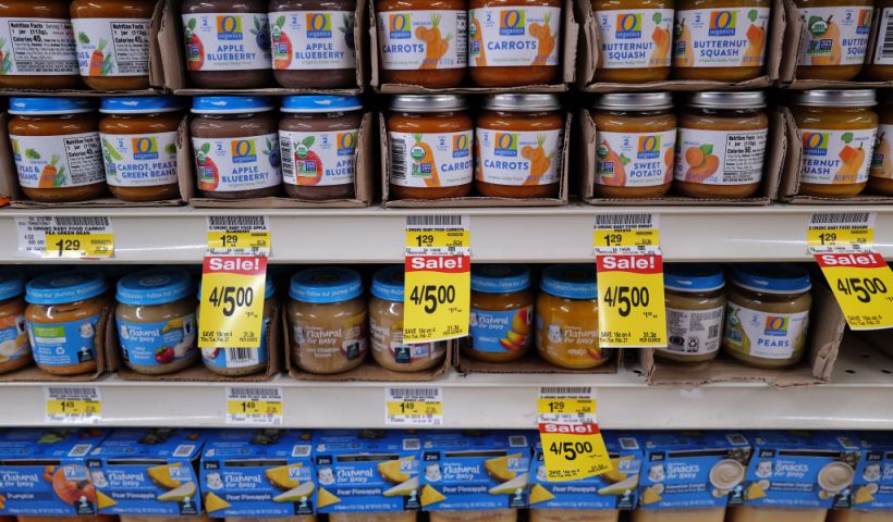 CHICAGO, ILLINOIS - FEBRUARY 13: Baby food is offered for sale at a grocery store on February 13, 2024 in Chicago, Illinois. Grocery prices are up 0.4% from December and 1.2% over the last year, the slowest annual increase since June 2021. (Photo by Scott Olson/Getty Images)