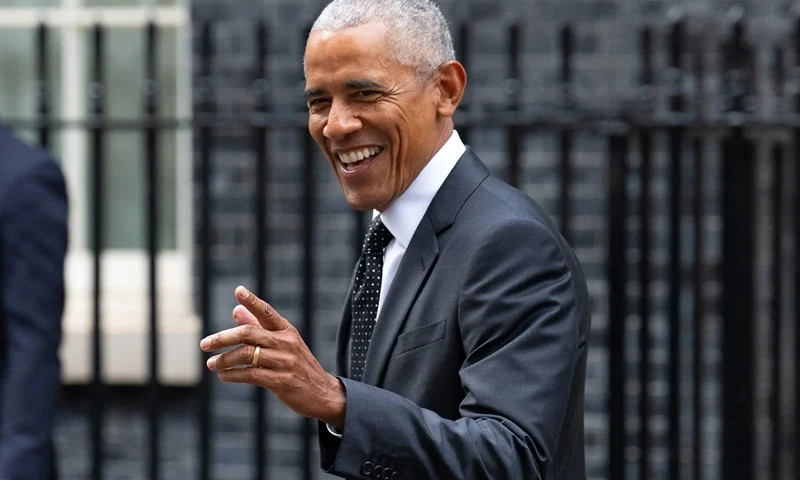 Former United States President Barack Obama gestures to a journalist as he leaves 10 Downing Street after meeting UK Prime Minister, Rishi Sunak, on March 18, 2024 in London, England. President Obama has been in Europe this week and appeared at a moderated debate "An Evening with President Barack Obama" last night in Antwerp. The evening focussed on his vision of the future and the challenges the world is facing. (Photo by Carl Court/Getty Images)