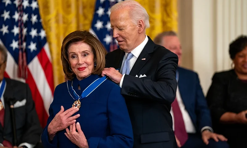 President Biden Hosts Presidential Medal Of Freedom Ceremony At The White House WASHINGTON, DC - MAY 3: U.S. President Joe Biden presents the Presidential Medal of Freedom to Former Speaker of the House Nancy Pelosi (D-CA) during a ceremony in the East Room of the White House on May 3, 2024 in Washington, DC. President Biden awarded the Presidential Medal of Freedom, the Nation's highest civilian honor, to 19 individuals including political leaders, civil rights icons and other influential cultural icons. (Photo by Kent Nishimura/Getty Images)