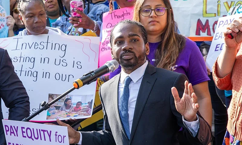 WASHINGTON, DC - MAY 03: Ward 8 Councilmember, Trayon White, Sr. speaks during a rally to restore funding for childcare organized by childcare providers and parents at John A. Wilson Building on May 03, 2024 in Washington, DC. (Photo by Brian Stukes/Getty Images for Under 3 DC)