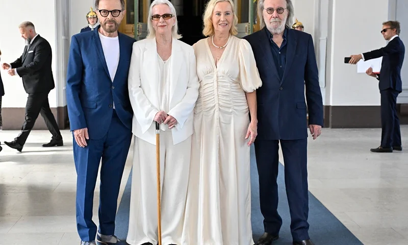 The music group ABBA, Bjorn Ulvaeus, Anni-Frid Lyngstad, Agnetha Faltskog and Benny Andersson pose for a photo after the received the Royal Vasa Order from Sweden's King and Queen during a ceremony at Stockholm Royal Palace on May 31, 2024 for outstanding contributions to Swedish and international music life. (Photo by Henrik Montgomery/TT / TT News Agency / AFP) / Sweden OUT (Photo by HENRIK MONTGOMERY/TT/TT News Agency/AFP via Getty Images)