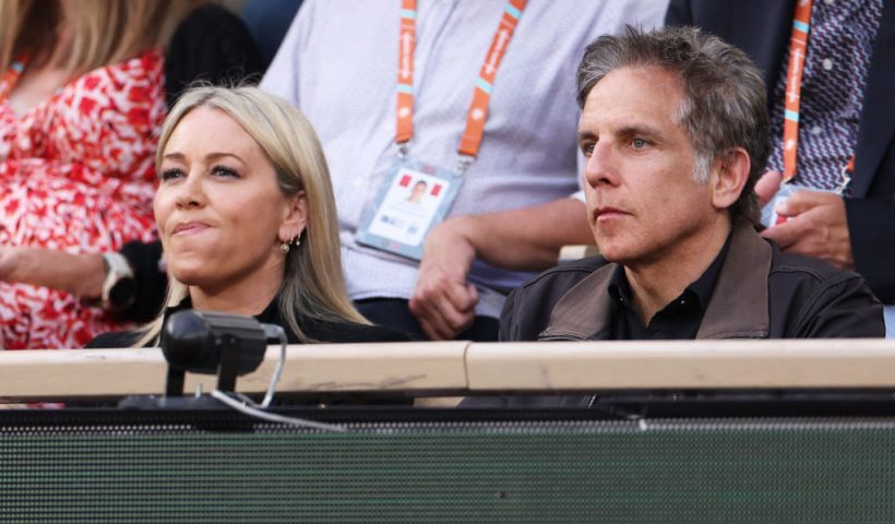 US actress Christine Taylor (L) and US actor Ben Stiller attend the men's singles quarter final match between Spain's Carlos Alcaraz Garfia and Greece's Stefanos Tsitsipas on Court Philippe-Chatrier on day ten of the French Open tennis tournament at the Roland Garros Complex in Paris on June 4, 2024. (Photo by ALAIN JOCARD / AFP) (Photo by ALAIN JOCARD/AFP via Getty Images)
