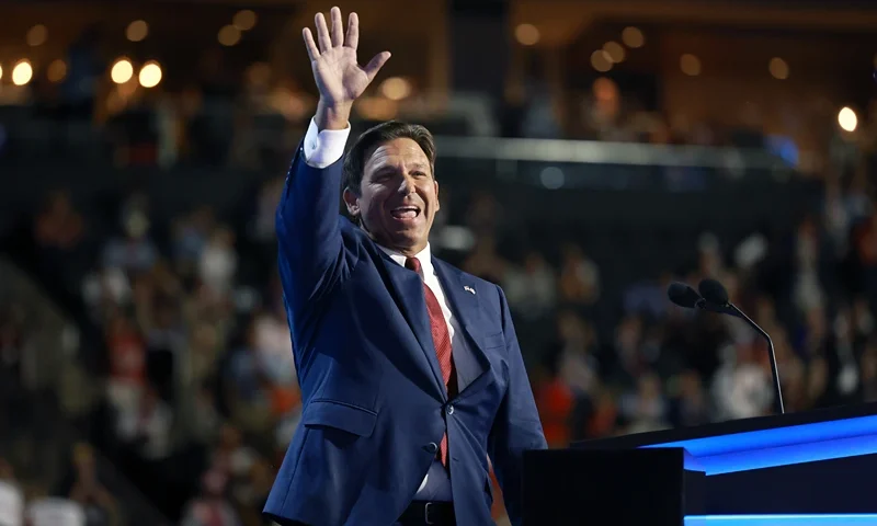 MILWAUKEE, WISCONSIN - JULY 16: Florida Gov. Ron DeSantis speaks on stage on the second day of the Republican National Convention at the Fiserv Forum on July 16, 2024 in Milwaukee, Wisconsin. Delegates, politicians, and the Republican faithful are in Milwaukee for the annual convention, concluding with former President Donald Trump accepting his party's presidential nomination. The RNC takes place from July 15-18. (Photo by Joe Raedle/Getty Images)