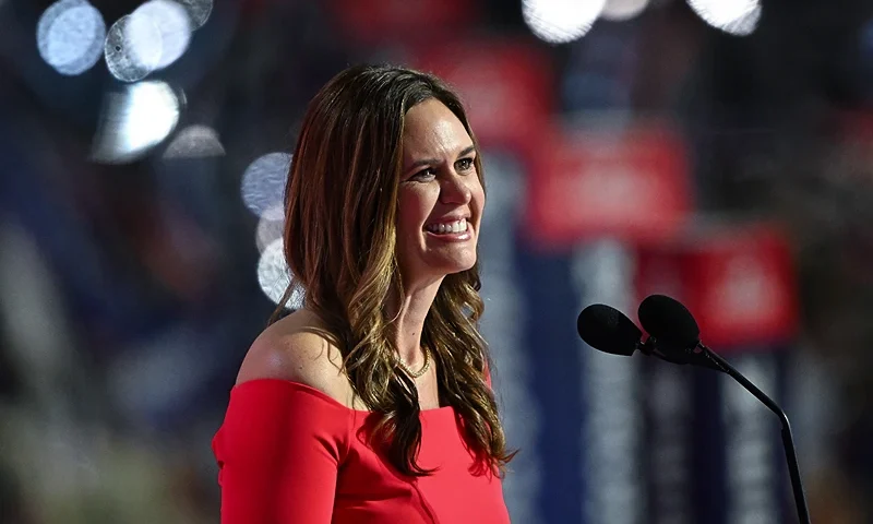 MILWAUKEE, WISCONSIN - JULY 16: Arkansas Gov. Sarah Huckabee Sanders appears on stage on the second day of the Republican National Convention at the Fiserv Forum on July 16, 2024 in Milwaukee, Wisconsin. Delegates, politicians, and the Republican faithful are in Milwaukee for the annual convention, concluding with former President Donald Trump accepting his party's presidential nomination. The RNC takes place from July 15-18. (Photo by Leon Neal/Getty Images)