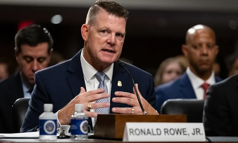 Senate-hearing-on-Trump-assassination-attempt U.S. Secret Service Acting Director Ronald Rowe, Jr. testifies about the attempted assassination of ex-President Donald Trump at a campaign rally, during a joint hearing of the Senate Judiciary and Homeland Security Committees, Washington, DC, July 30, 2024. One person was killed and two critically injured, but the former President sustained only a minor flesh wound. (Photo by Allison Bailey / Middle East Images / Middle East Images via AFP) (Photo by ALLISON BAILEY/Middle East Images/AFP via Getty Images)