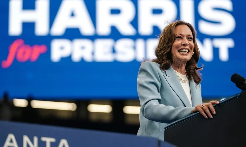 TOPSHOT - US Vice President and 2024 Democratic presidential candidate Kamala Harris speaks at a campaign rally in Atlanta, Georgia, on July 30, 2024. (Photo by Elijah Nouvelage / AFP) (Photo by ELIJAH NOUVELAGE/AFP via Getty Images)