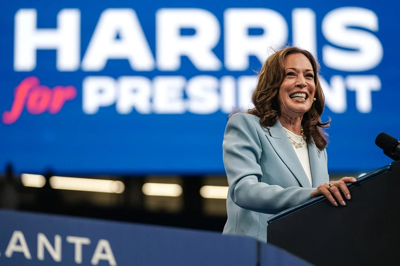 TOPSHOT - US Vice President and 2024 Democratic presidential candidate Kamala Harris speaks at a campaign rally in Atlanta, Georgia, on July 30, 2024. (Photo by Elijah Nouvelage / AFP) (Photo by ELIJAH NOUVELAGE/AFP via Getty Images)