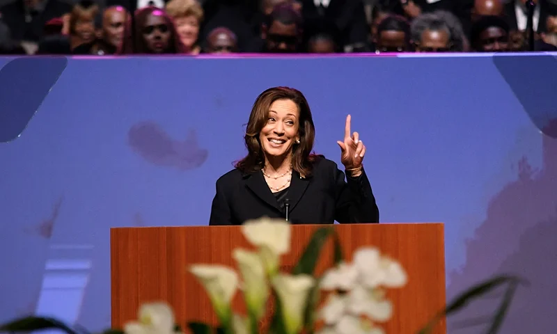 US Vice President and 2024 Democratic presidential candidate Kamala Harris delivers the eulogy for US Representative Sheila Jackson Lee at Fallbrook Church in Houston, Texas, on August 1, 2024. Jackson Lee, a Democrat and outspoken advocate for racial justice and minorities' rights, died July 19, 2024, at the age of 74. (Photo by Mark Felix / AFP) (Photo by MARK FELIX/AFP via Getty Images)