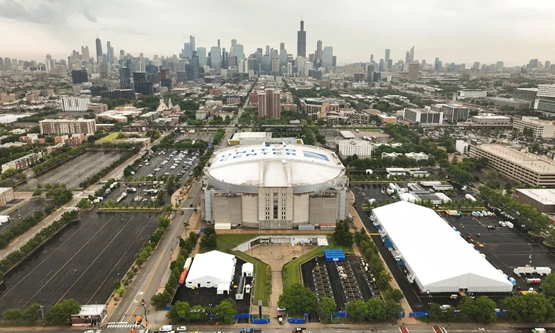 This aerial view shows the United Center and the skyline in Chicago, Illinois, on August 1, 2024. Chicago will host the 2024 Democratic National Convention at the nearby United Center from August 19 through August 22. (Photo by TANNEN MAURY / AFP) (Photo by TANNEN MAURY/AFP via Getty Images)