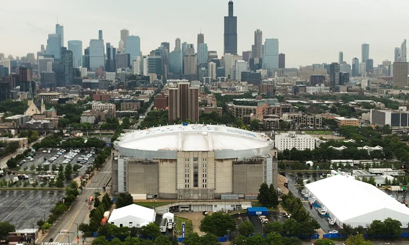 This aerial view shows the United Center and the skyline in Chicago, Illinois, on August 1, 2024. Chicago will host the 2024 Democratic National Convention at the nearby United Center from August 19 through August 22. (Photo by TANNEN MAURY / AFP) (Photo by TANNEN MAURY/AFP via Getty Images)