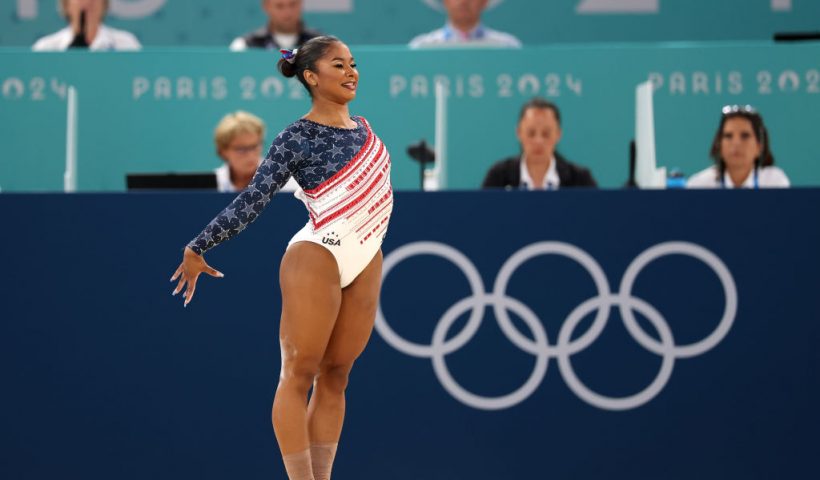 PARIS, FRANCE - JULY 30: Jordan Chiles of Team United States competes in the floor exercise during the Artistic Gymnastics Women's Team Final on day four of the Olympic Games Paris 2024 at Bercy Arena on July 30, 2024 in Paris, France. (Photo by Jamie Squire/Getty Images)